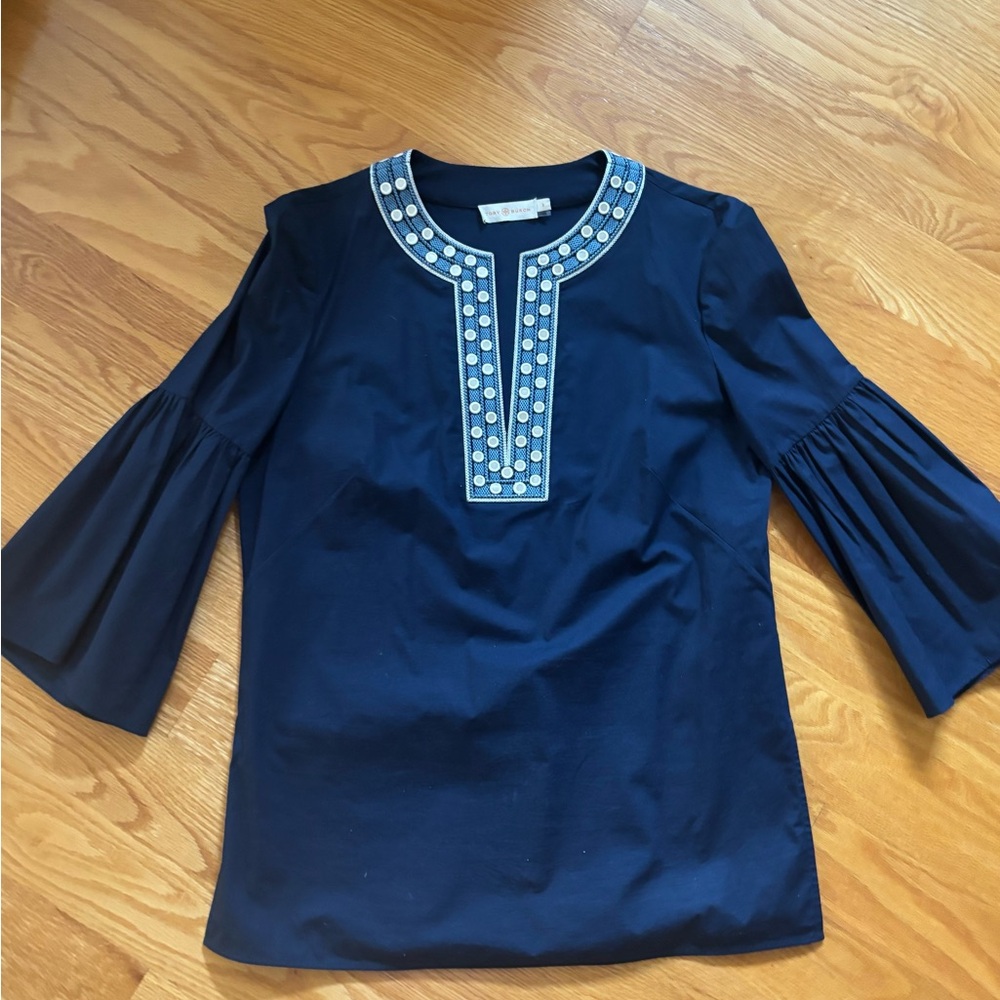 Tory Burch Navy Blue Blouse with Silver Accents